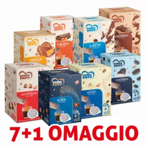 7 Confezioni Cialde Cuore Nero con Bustine solubili Aromatizzate Assortite + 1 Confezione Omaggio