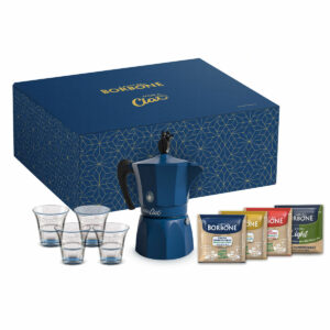 MokaCiao - caffettiera da 3 tazze con 60 cialde OMAGGIO + 4 bicchierini in vetro BORBONE