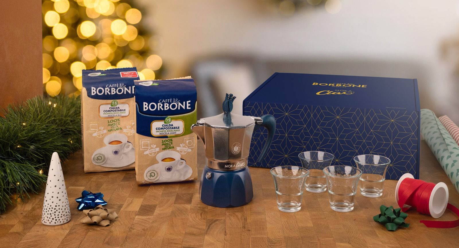 MokaCiao – Caffettiera da 3 tazze con 30 cialde OMAGGIO + 4 bicchierini in vetro BORBONE