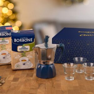 MokaCiao – Caffettiera da 3 tazze con 30 cialde OMAGGIO + 4 bicchierini in vetro BORBONE